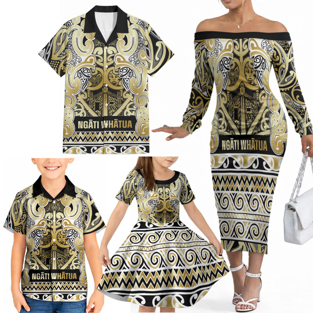 Aotearoa Iwi Ngati Whatua Family Matching Off The Shoulder Long Sleeve Dress and Hawaiian Shirt Maori Wharenui House Tribal Pattern