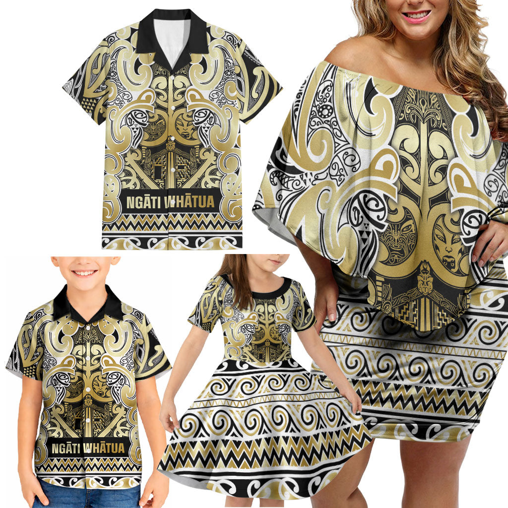 Aotearoa Iwi Ngati Whatua Family Matching Off Shoulder Short Dress and Hawaiian Shirt Maori Wharenui House Tribal Pattern