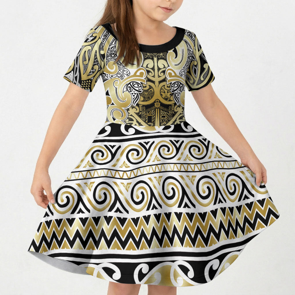 Aotearoa Iwi Ngati Whatua Kid Short Sleeve Dress Maori Wharenui House Tribal Pattern