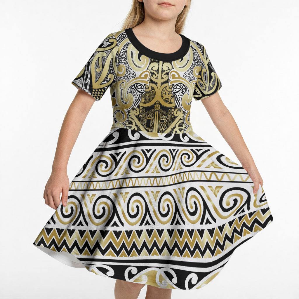Aotearoa Iwi Ngati Whatua Kid Short Sleeve Dress Maori Wharenui House Tribal Pattern