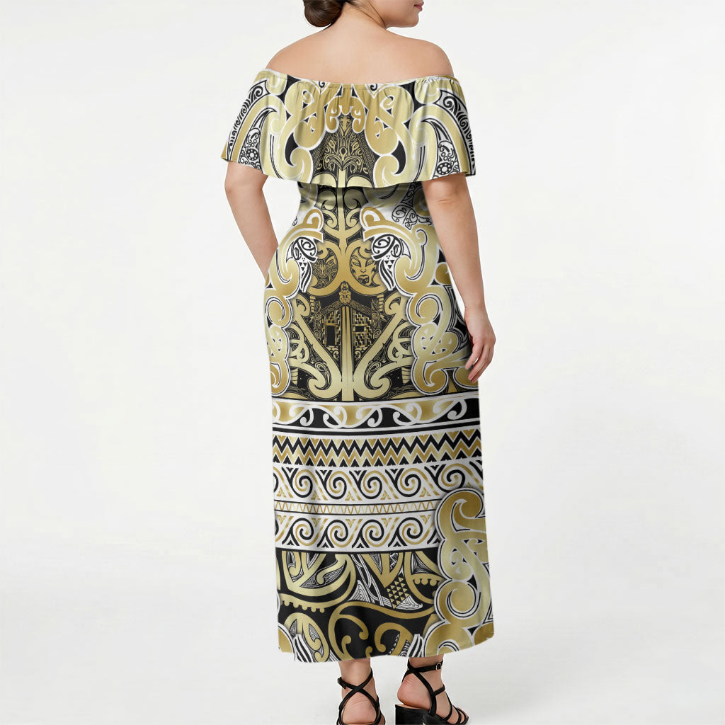 Aotearoa Iwi Ngati Whatua Off Shoulder Maxi Dress Maori Wharenui House Tribal Pattern