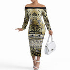Aotearoa Iwi Ngati Whatua Off The Shoulder Long Sleeve Dress Maori Wharenui House Tribal Pattern