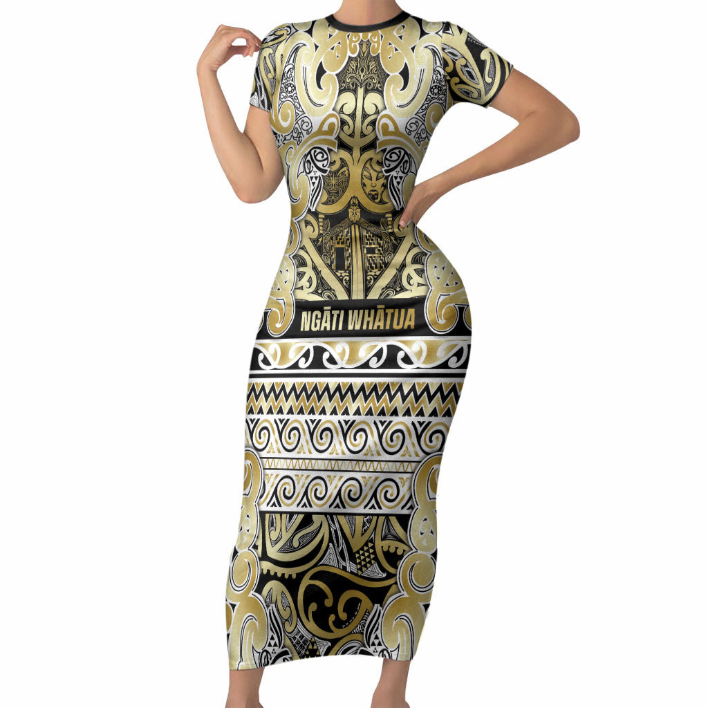 Aotearoa Iwi Ngati Whatua Short Sleeve Bodycon Dress Maori Wharenui House Tribal Pattern