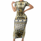 Aotearoa Iwi Ngati Whatua Short Sleeve Bodycon Dress Maori Wharenui House Tribal Pattern