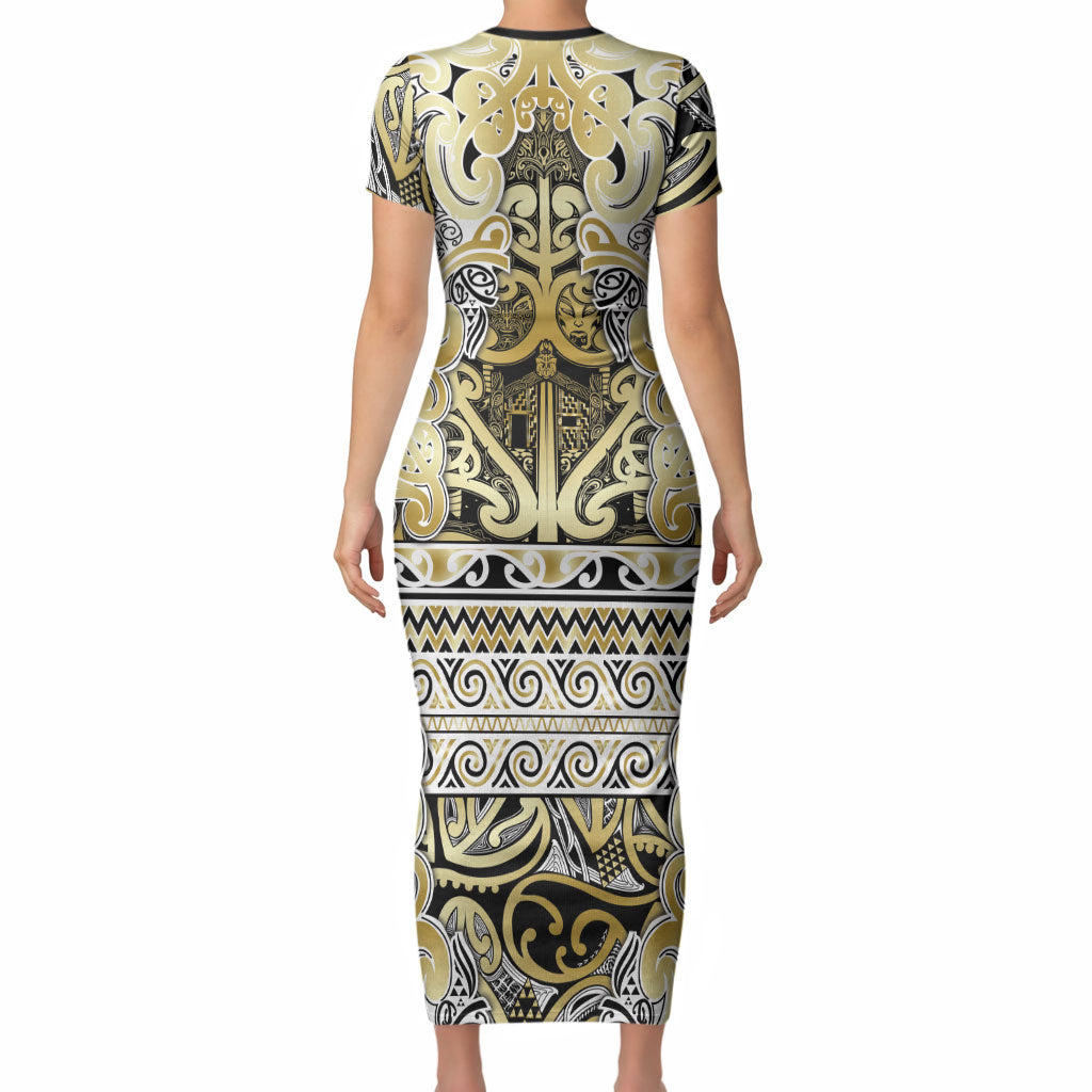 Aotearoa Iwi Ngati Whatua Short Sleeve Bodycon Dress Maori Wharenui House Tribal Pattern