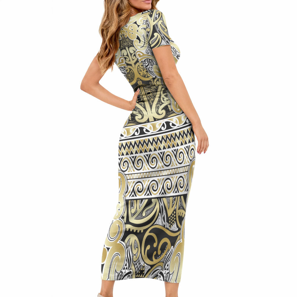 Aotearoa Iwi Ngati Whatua Short Sleeve Bodycon Dress Maori Wharenui House Tribal Pattern