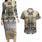 Aotearoa Iwi Waikato Tainui Couples Matching Long Sleeve Bodycon Dress and Hawaiian Shirt Maori Wharenui House Tribal Pattern