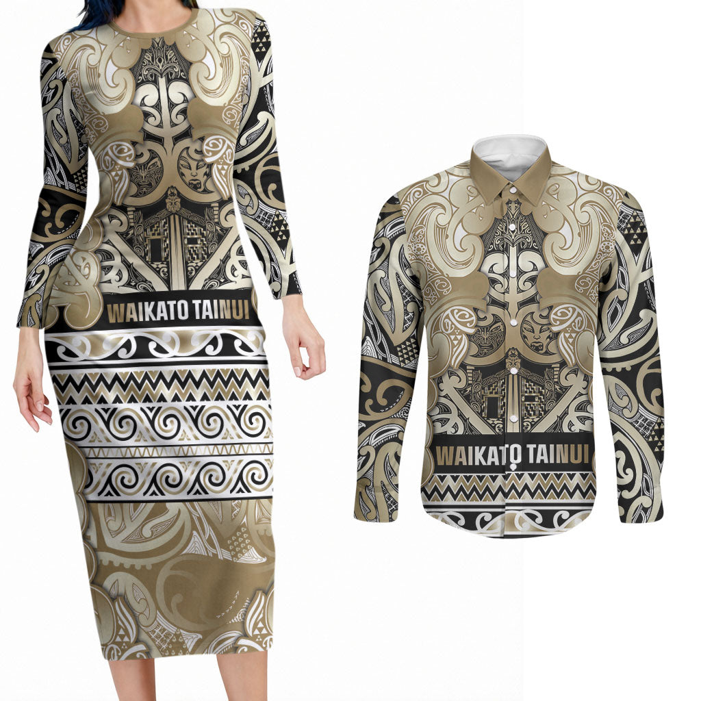 Aotearoa Iwi Waikato Tainui Couples Matching Long Sleeve Bodycon Dress and Long Sleeve Button Shirt Maori Wharenui House Tribal Pattern