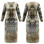Aotearoa Iwi Waikato Tainui Couples Matching Long Sleeve Bodycon Dress and Long Sleeve Button Shirt Maori Wharenui House Tribal Pattern