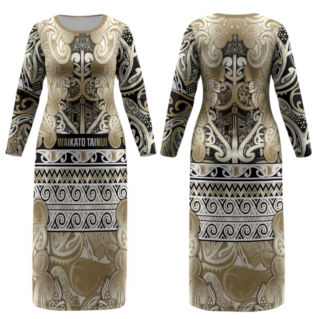Aotearoa Iwi Waikato Tainui Couples Matching Long Sleeve Bodycon Dress and Long Sleeve Button Shirt Maori Wharenui House Tribal Pattern