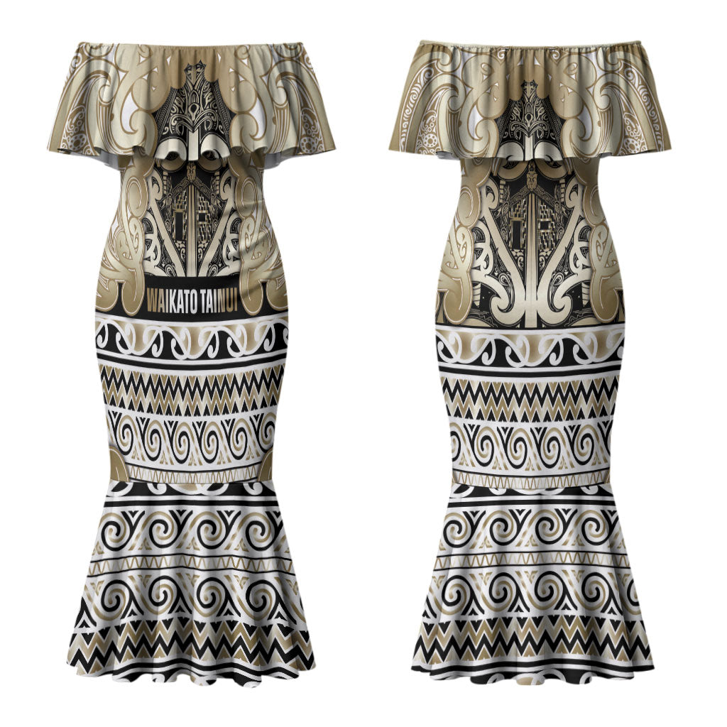 Aotearoa Iwi Waikato Tainui Couples Matching Mermaid Dress and Hawaiian Shirt Maori Wharenui House Tribal Pattern