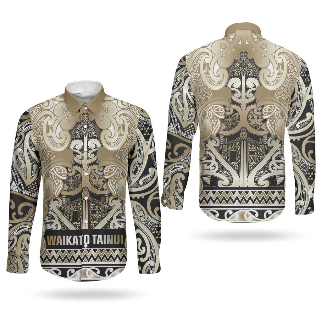 Aotearoa Iwi Waikato Tainui Couples Matching Mermaid Dress and Long Sleeve Button Shirt Maori Wharenui House Tribal Pattern
