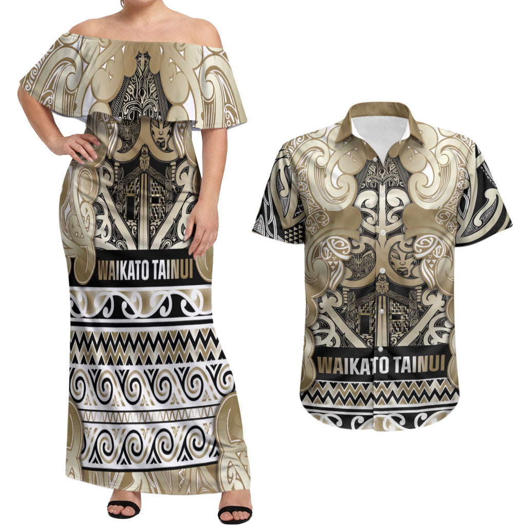 Aotearoa Iwi Waikato Tainui Couples Matching Off Shoulder Maxi Dress and Hawaiian Shirt Maori Wharenui House Tribal Pattern