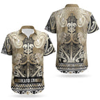 Aotearoa Iwi Waikato Tainui Couples Matching Off Shoulder Maxi Dress and Hawaiian Shirt Maori Wharenui House Tribal Pattern