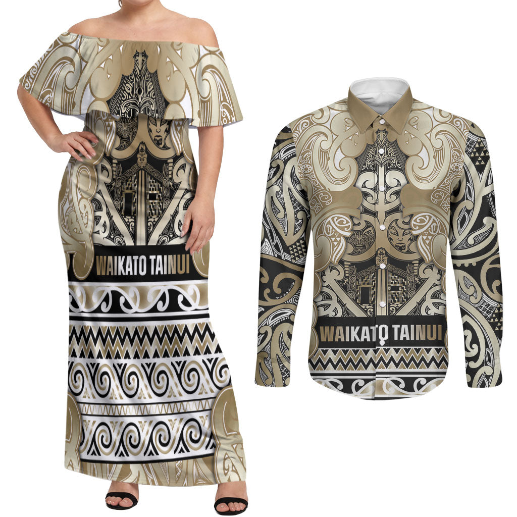 Aotearoa Iwi Waikato Tainui Couples Matching Off Shoulder Maxi Dress and Long Sleeve Button Shirt Maori Wharenui House Tribal Pattern