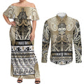 Aotearoa Iwi Waikato Tainui Couples Matching Off Shoulder Maxi Dress and Long Sleeve Button Shirt Maori Wharenui House Tribal Pattern