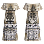 Aotearoa Iwi Waikato Tainui Couples Matching Off Shoulder Maxi Dress and Long Sleeve Button Shirt Maori Wharenui House Tribal Pattern