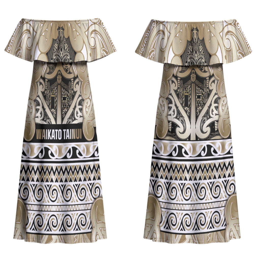 Aotearoa Iwi Waikato Tainui Couples Matching Off Shoulder Maxi Dress and Long Sleeve Button Shirt Maori Wharenui House Tribal Pattern
