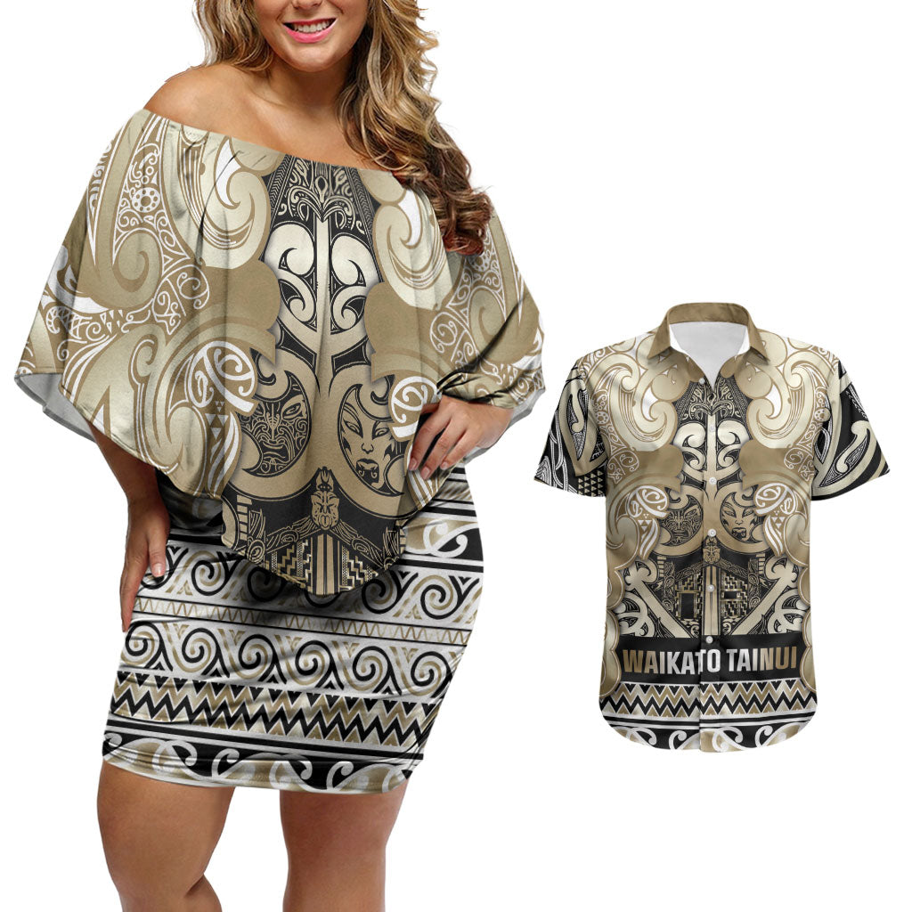Aotearoa Iwi Waikato Tainui Couples Matching Off Shoulder Short Dress and Hawaiian Shirt Maori Wharenui House Tribal Pattern