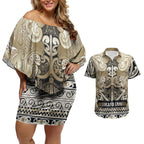 Aotearoa Iwi Waikato Tainui Couples Matching Off Shoulder Short Dress and Hawaiian Shirt Maori Wharenui House Tribal Pattern