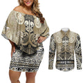 Aotearoa Iwi Waikato Tainui Couples Matching Off Shoulder Short Dress and Long Sleeve Button Shirt Maori Wharenui House Tribal Pattern