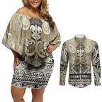 Aotearoa Iwi Waikato Tainui Couples Matching Off Shoulder Short Dress and Long Sleeve Button Shirt Maori Wharenui House Tribal Pattern