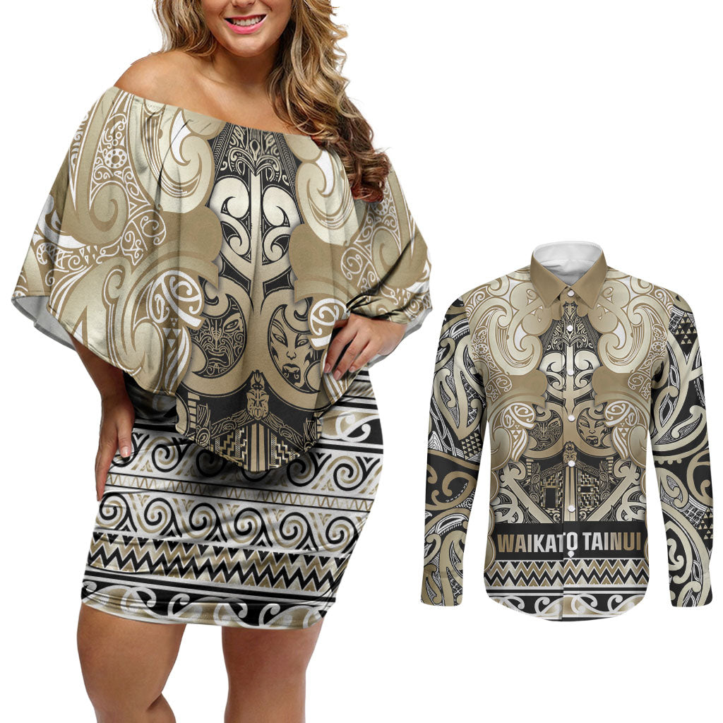 Aotearoa Iwi Waikato Tainui Couples Matching Off Shoulder Short Dress and Long Sleeve Button Shirt Maori Wharenui House Tribal Pattern