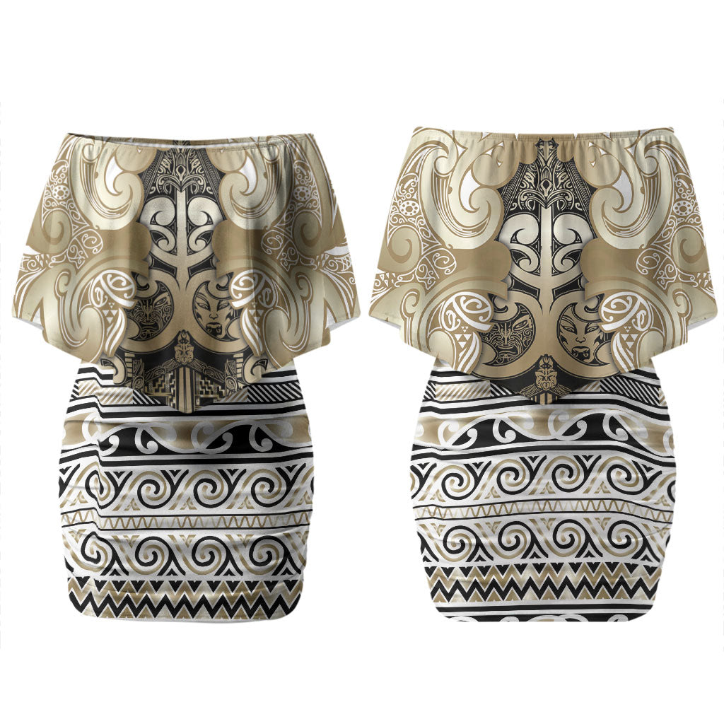 Aotearoa Iwi Waikato Tainui Couples Matching Off Shoulder Short Dress and Long Sleeve Button Shirt Maori Wharenui House Tribal Pattern