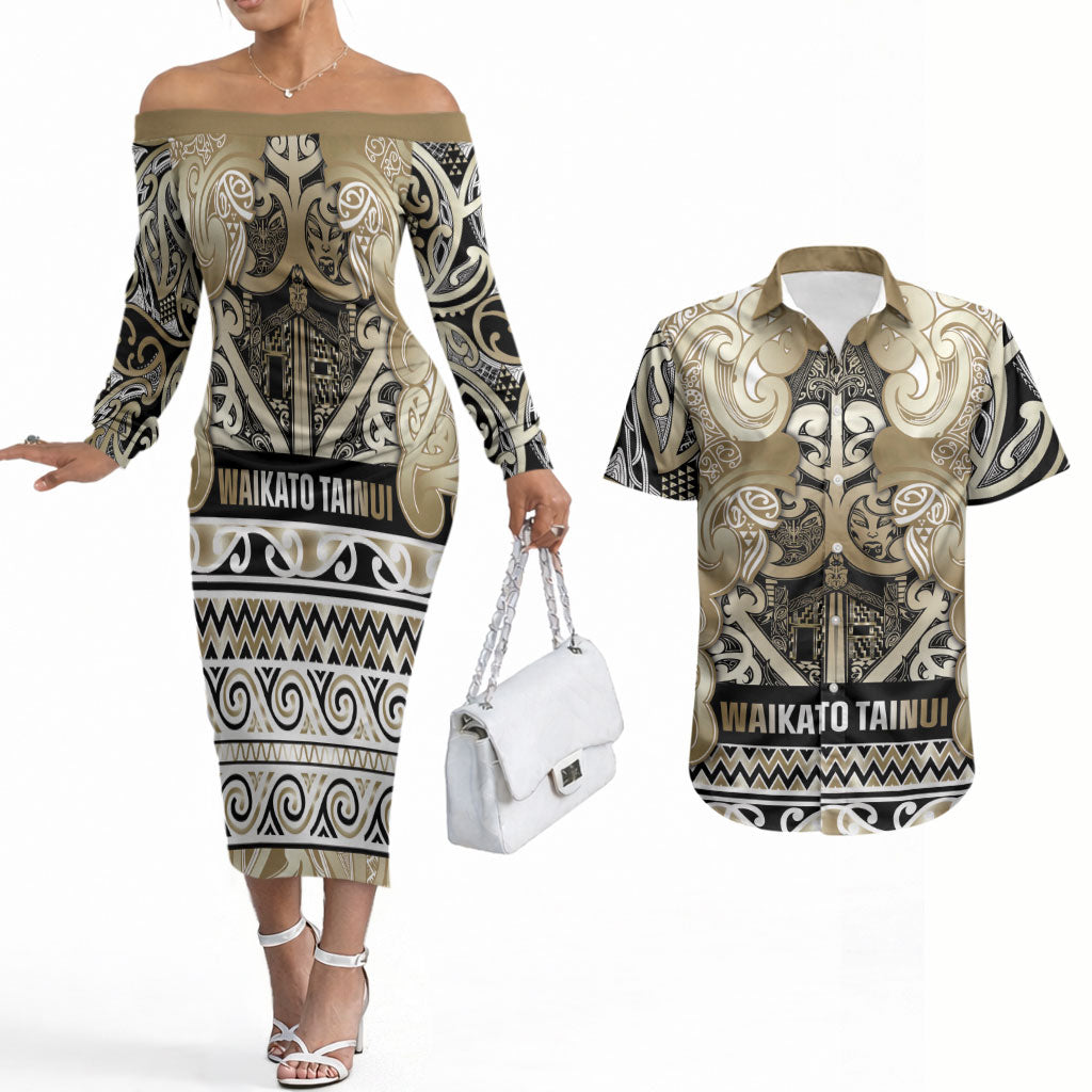 Aotearoa Iwi Waikato Tainui Couples Matching Off The Shoulder Long Sleeve Dress and Hawaiian Shirt Maori Wharenui House Tribal Pattern