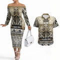 Aotearoa Iwi Waikato Tainui Couples Matching Off The Shoulder Long Sleeve Dress and Hawaiian Shirt Maori Wharenui House Tribal Pattern