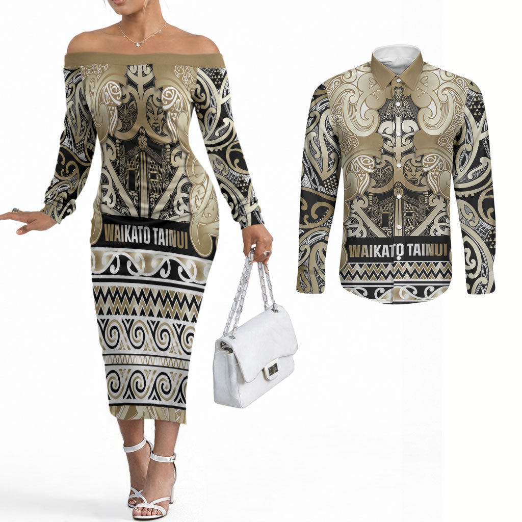 Aotearoa Iwi Waikato Tainui Couples Matching Off The Shoulder Long Sleeve Dress and Long Sleeve Button Shirt Maori Wharenui House Tribal Pattern