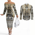 Aotearoa Iwi Waikato Tainui Couples Matching Off The Shoulder Long Sleeve Dress and Long Sleeve Button Shirt Maori Wharenui House Tribal Pattern