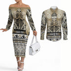 Aotearoa Iwi Waikato Tainui Couples Matching Off The Shoulder Long Sleeve Dress and Long Sleeve Button Shirt Maori Wharenui House Tribal Pattern