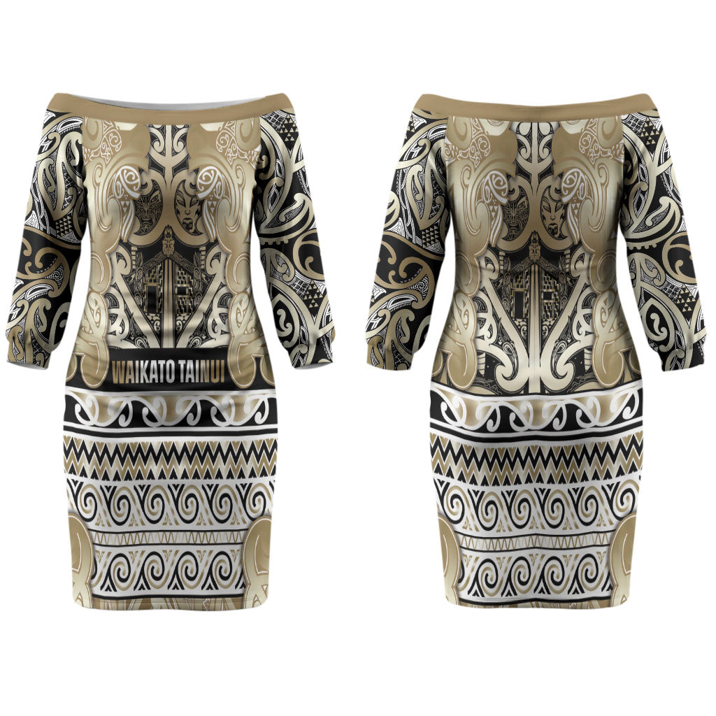 Aotearoa Iwi Waikato Tainui Couples Matching Off The Shoulder Long Sleeve Dress and Long Sleeve Button Shirt Maori Wharenui House Tribal Pattern