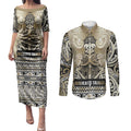 Aotearoa Iwi Waikato Tainui Couples Matching Puletasi and Long Sleeve Button Shirt Maori Wharenui House Tribal Pattern