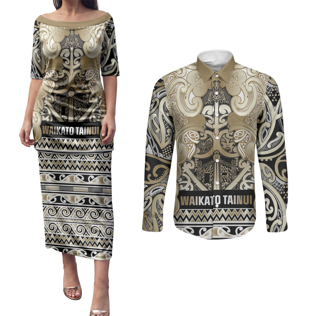 Aotearoa Iwi Waikato Tainui Couples Matching Puletasi and Long Sleeve Button Shirt Maori Wharenui House Tribal Pattern