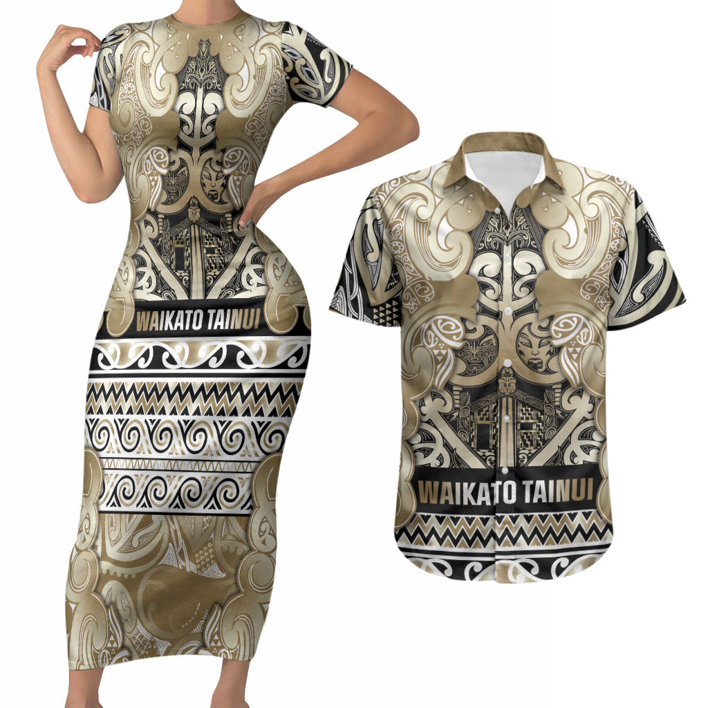 Aotearoa Iwi Waikato Tainui Couples Matching Short Sleeve Bodycon Dress and Hawaiian Shirt Maori Wharenui House Tribal Pattern