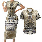 Aotearoa Iwi Waikato Tainui Couples Matching Short Sleeve Bodycon Dress and Hawaiian Shirt Maori Wharenui House Tribal Pattern