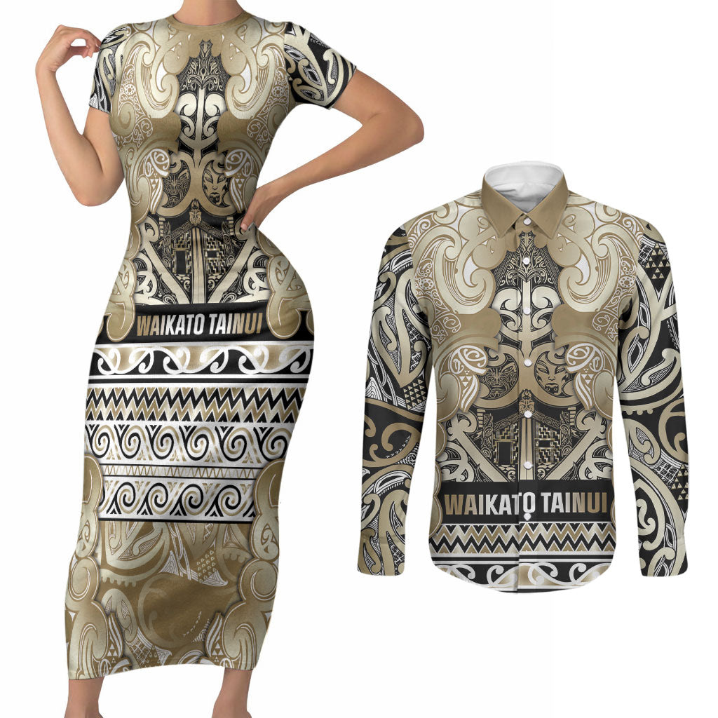 Aotearoa Iwi Waikato Tainui Couples Matching Short Sleeve Bodycon Dress and Long Sleeve Button Shirt Maori Wharenui House Tribal Pattern