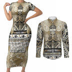 Aotearoa Iwi Waikato Tainui Couples Matching Short Sleeve Bodycon Dress and Long Sleeve Button Shirt Maori Wharenui House Tribal Pattern