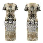 Aotearoa Iwi Waikato Tainui Couples Matching Short Sleeve Bodycon Dress and Long Sleeve Button Shirt Maori Wharenui House Tribal Pattern