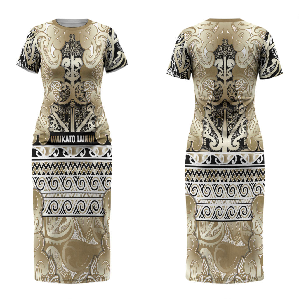Aotearoa Iwi Waikato Tainui Couples Matching Short Sleeve Bodycon Dress and Long Sleeve Button Shirt Maori Wharenui House Tribal Pattern