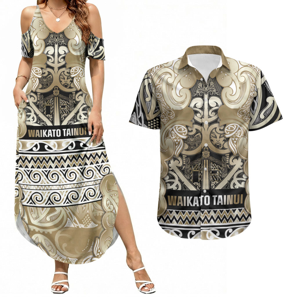 Aotearoa Iwi Waikato Tainui Couples Matching Summer Maxi Dress and Hawaiian Shirt Maori Wharenui House Tribal Pattern