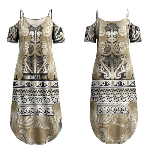 Aotearoa Iwi Waikato Tainui Couples Matching Summer Maxi Dress and Long Sleeve Button Shirt Maori Wharenui House Tribal Pattern