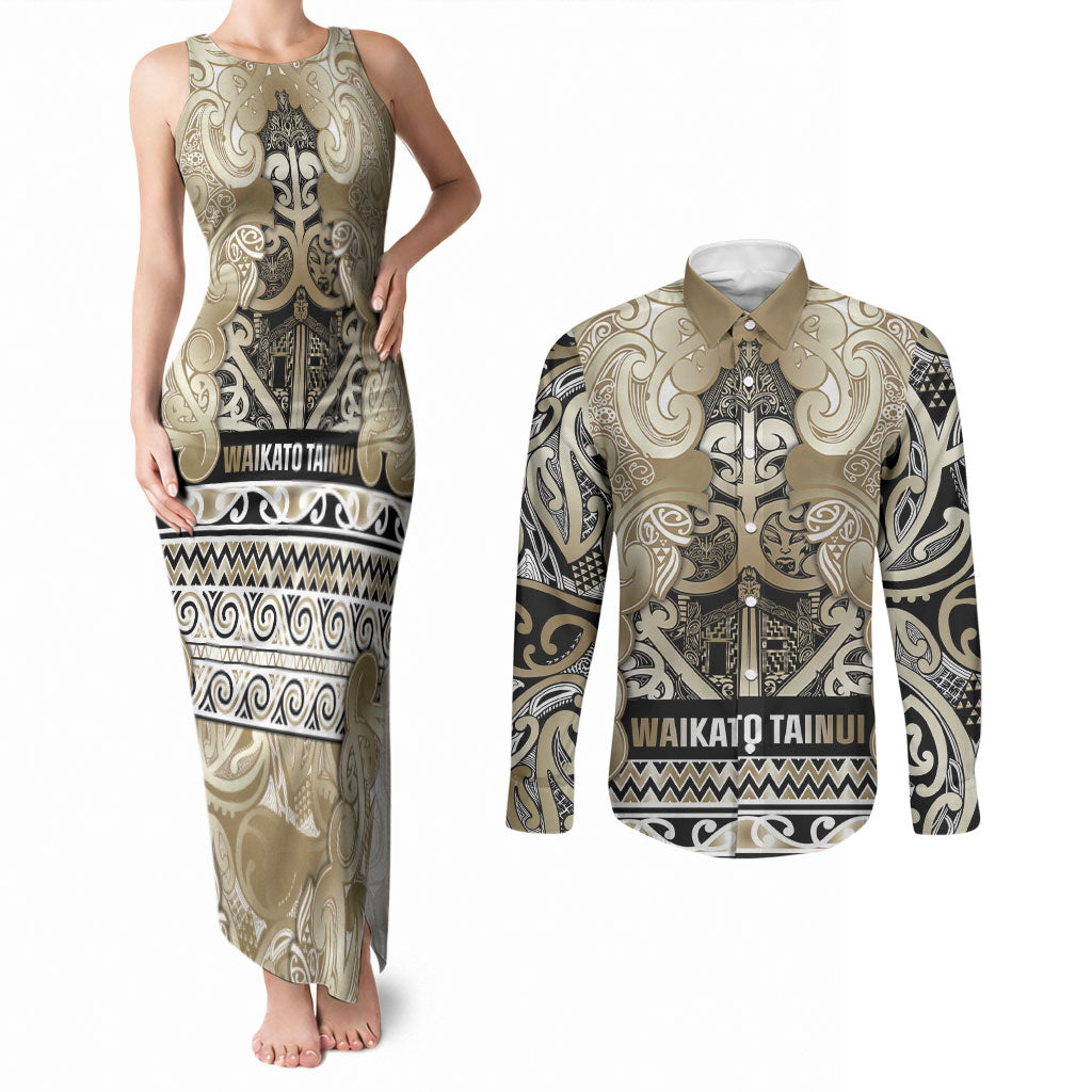 Aotearoa Iwi Waikato Tainui Couples Matching Tank Maxi Dress and Long Sleeve Button Shirt Maori Wharenui House Tribal Pattern
