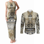 Aotearoa Iwi Waikato Tainui Couples Matching Tank Maxi Dress and Long Sleeve Button Shirt Maori Wharenui House Tribal Pattern