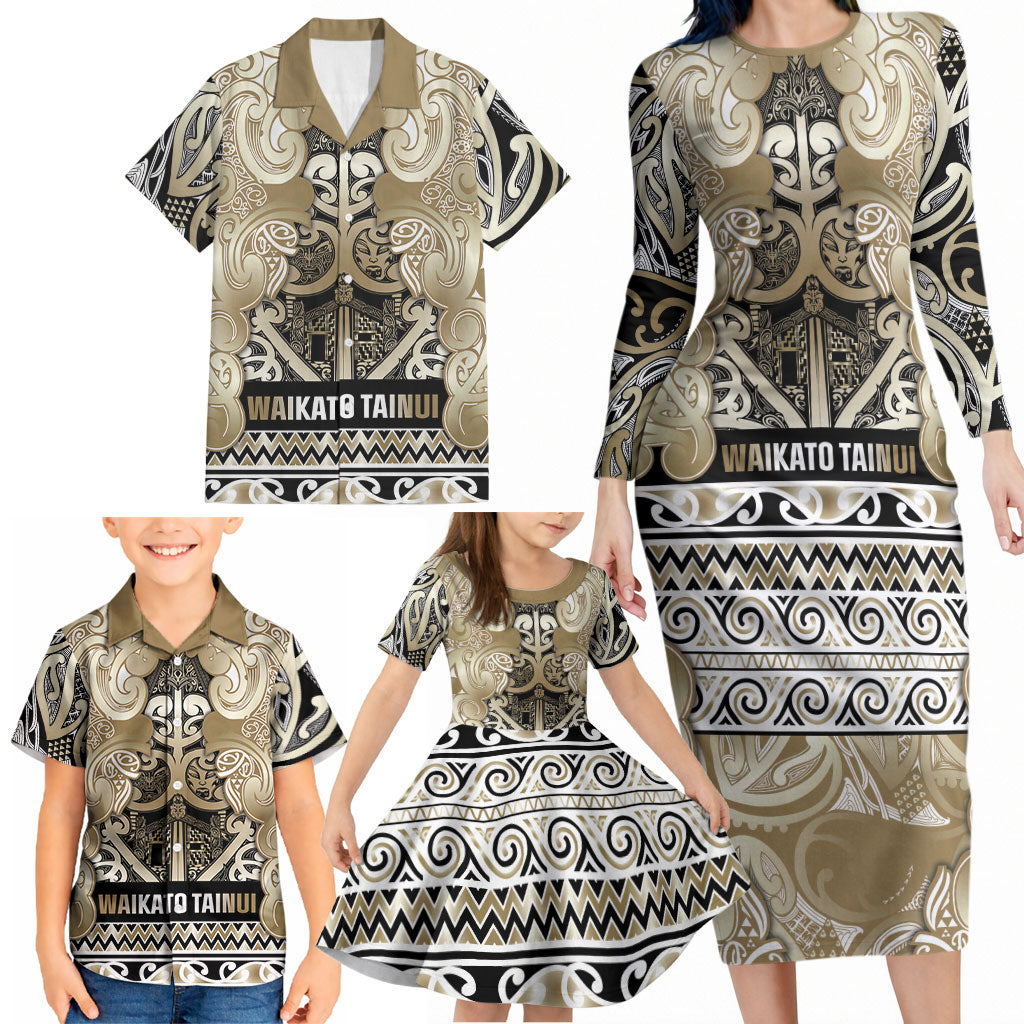 Aotearoa Iwi Waikato Tainui Family Matching Long Sleeve Bodycon Dress and Hawaiian Shirt Maori Wharenui House Tribal Pattern