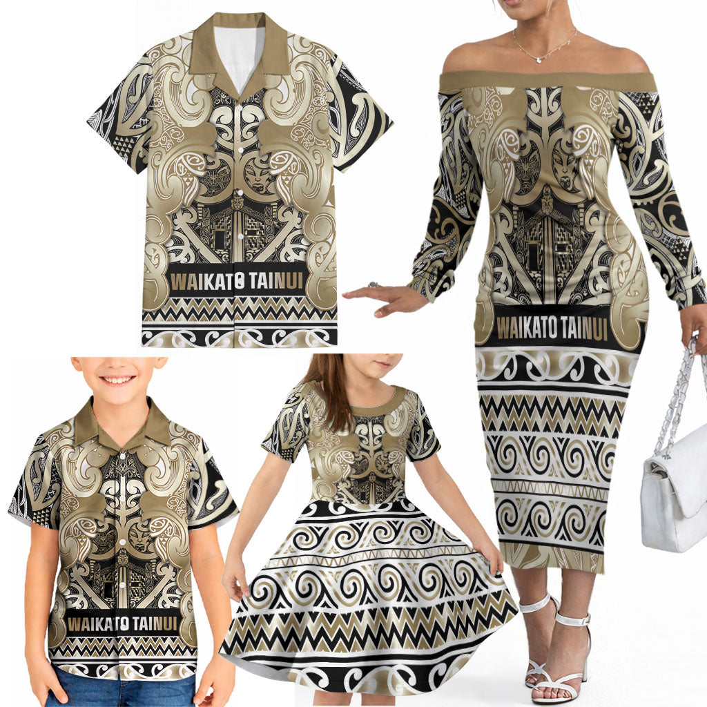 Aotearoa Iwi Waikato Tainui Family Matching Off The Shoulder Long Sleeve Dress and Hawaiian Shirt Maori Wharenui House Tribal Pattern