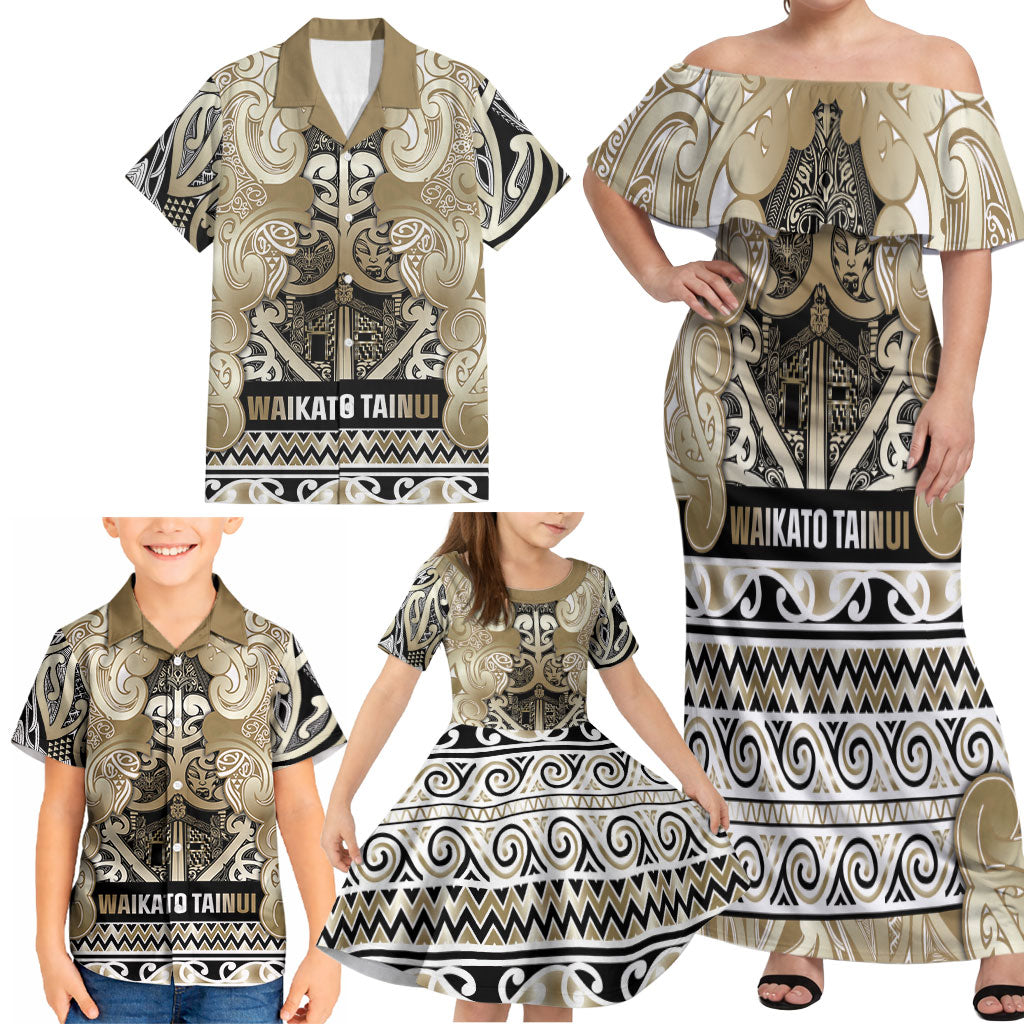 Aotearoa Iwi Waikato Tainui Family Matching Off Shoulder Maxi Dress and Hawaiian Shirt Maori Wharenui House Tribal Pattern