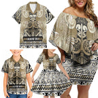 Aotearoa Iwi Waikato Tainui Family Matching Off Shoulder Short Dress and Hawaiian Shirt Maori Wharenui House Tribal Pattern